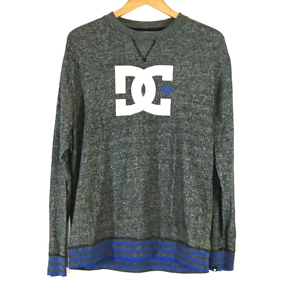 Vintage DC Shoes Skate Sweatshirt Large Heather Gray Blue Stripe Hem Cyber Y2K